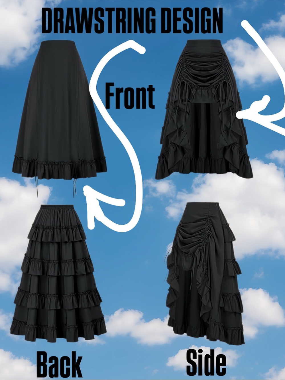 Adjustable Black High-Low Drawstring Ruffle Skirt